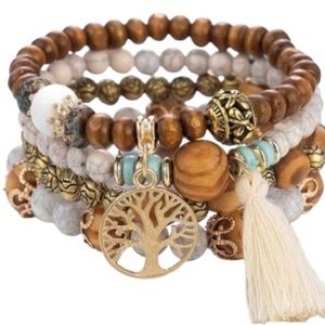 NWT Bohemian Cream and Brown Tree of Life Multi-Layer Beaded Bracelet w Tassel!